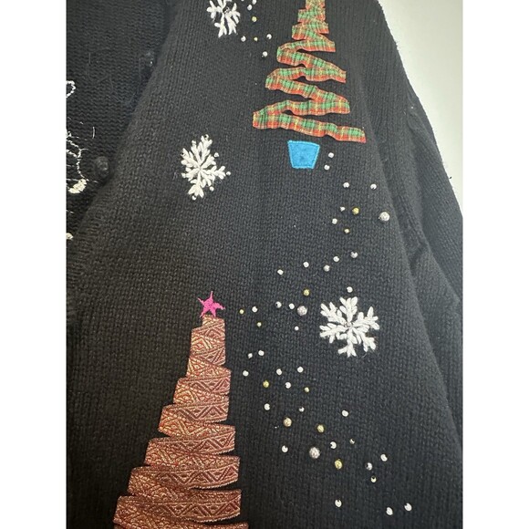 Vintage Black Christmas Cardiagn Petite Large Front Back Holiday Graphic Festive - Picture 7 of 13